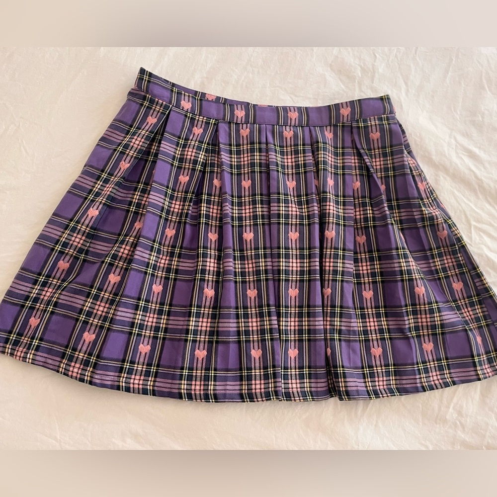 Hot Topic Pleated Skirt XL Plaid Hearts Purple School Girl Skater Academia